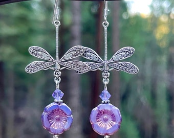 Purple dragonfly earrings, Silver and Crystal dragonfly earrings, dragonfly jewelry, dragonfly, crystal, dragonfly gift, silver earrings