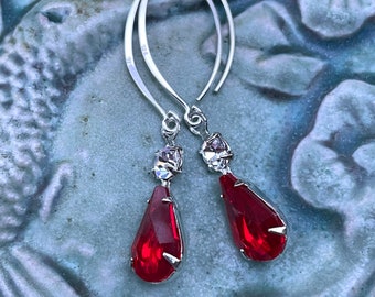 Vintage Red Crystal Earrings, Red Crystal Holiday Earrings, Red Christmas Earrings, Red Crystal Jewelry, Sterling Silver Crystal Earrings