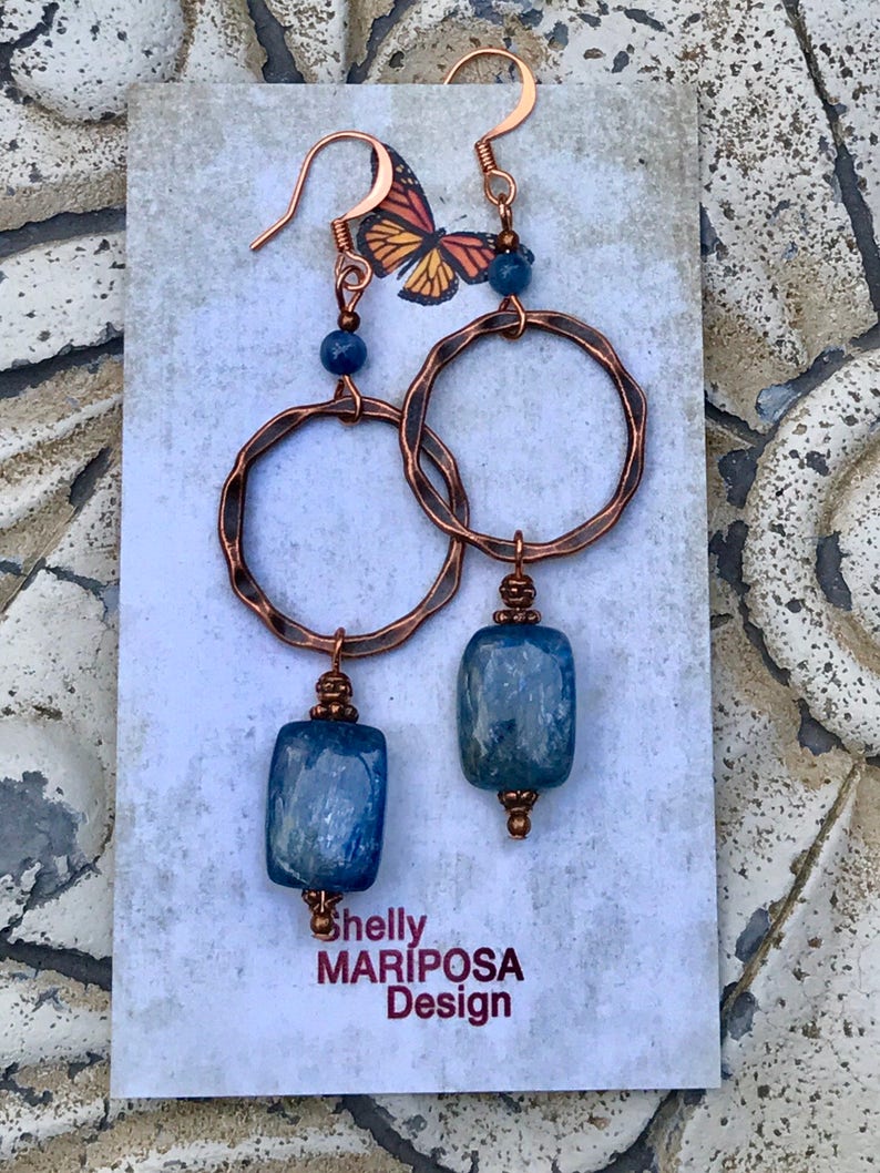 blue gemstone copper jewelry Copper hoop earrings kyanite earrings