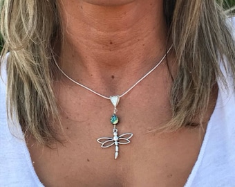 Dragonfly pendant, dragonfly necklace,silver dragonfly, abalone, wire wrapped, dragonfly