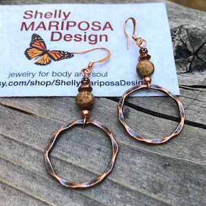 Hammered copper hoop earrings, copper hoop earrings, copper jewelry, copper dangle earrings, Boho jewelry