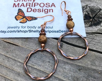 Hammered copper hoop earrings, copper hoop earrings, copper jewelry, copper dangle earrings, Boho jewelry