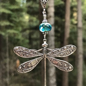 Large Antique Silver Dragonfly Pendant Necklace with Blue Crystal