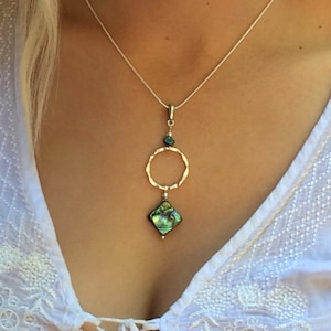 abalone shell pendant, abalone necklace, abalone jewelry, silver hoop necklace, abalone and silver, abalone shell necklace image 1