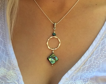 abalone shell pendant, abalone necklace, abalone jewelry, silver hoop necklace, abalone and silver, abalone shell necklace