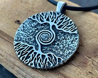 Large Silver Boho Mandala Pendant Necklace: Antique Finish