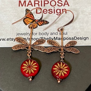Copper dragonfly earrings, dragonfly dangle earrings, unique dragonfly jewelry, Dragonfly gift, copper earrings