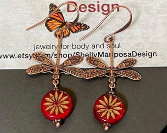 Copper Dragonfly Dangle Earrings, Czech Crystal Jewelry