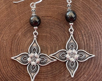 Sterling Silver Hematite Earrings: Tribal Boho Flower Jewelry