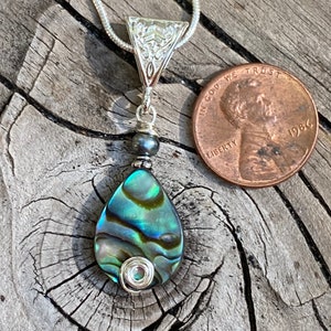 Wire wrapped Abalone pendant, abalone shell necklace, abalone and pearl pendant necklace, Wire wrapped jewelry, Freshwater pearl necklace image 4