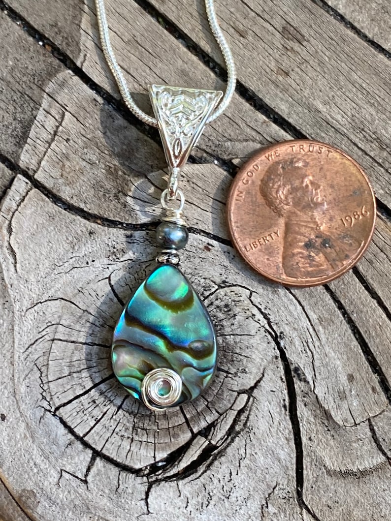 Wire wrapped Abalone pendant, abalone shell necklace, abalone and pearl pendant necklace, Wire wrapped jewelry, Freshwater pearl necklace image 4