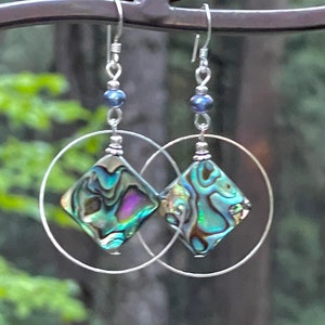 abalone shell and pearl earrings, abalone jewelry, silver hoop earrings, abalone and silver, pearl earrings, shell earrings