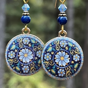 Boucles d'oreilles mandala bohème, boucles d'oreilles hippies, boucles d'oreilles uniques, bijoux bohèmes, boucles d'oreilles en cristal, lapis-lazuli