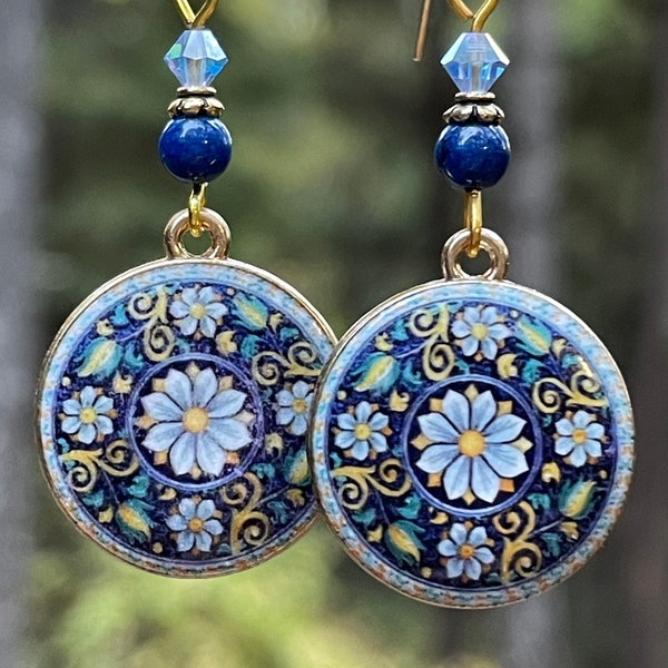 Boho mandala earrings, hippie earrings, Unique earrings, bohemian jewelry, crystal earrings, Lapis lazuli