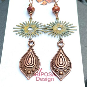 Boho Copper Dangle Earrings: Patina Sunburst, Jasper Stones