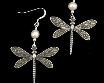 Silver and pearl dragonfly earrings, dragonfly earrings with pearls, dragonfly wedding jewelry, white pearl earrings