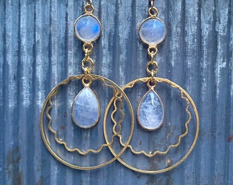 14K Gold Fill Moonstone Hoop Earrings, Long Dangle Gemstone Jewelry