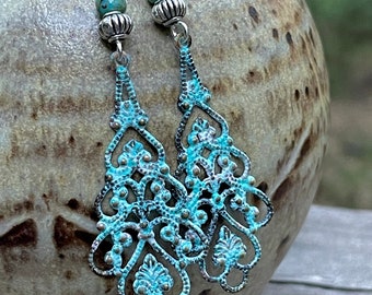 Turquoise Patina Filigree Dangle Earrings: Sterling Silver Boho Earrings