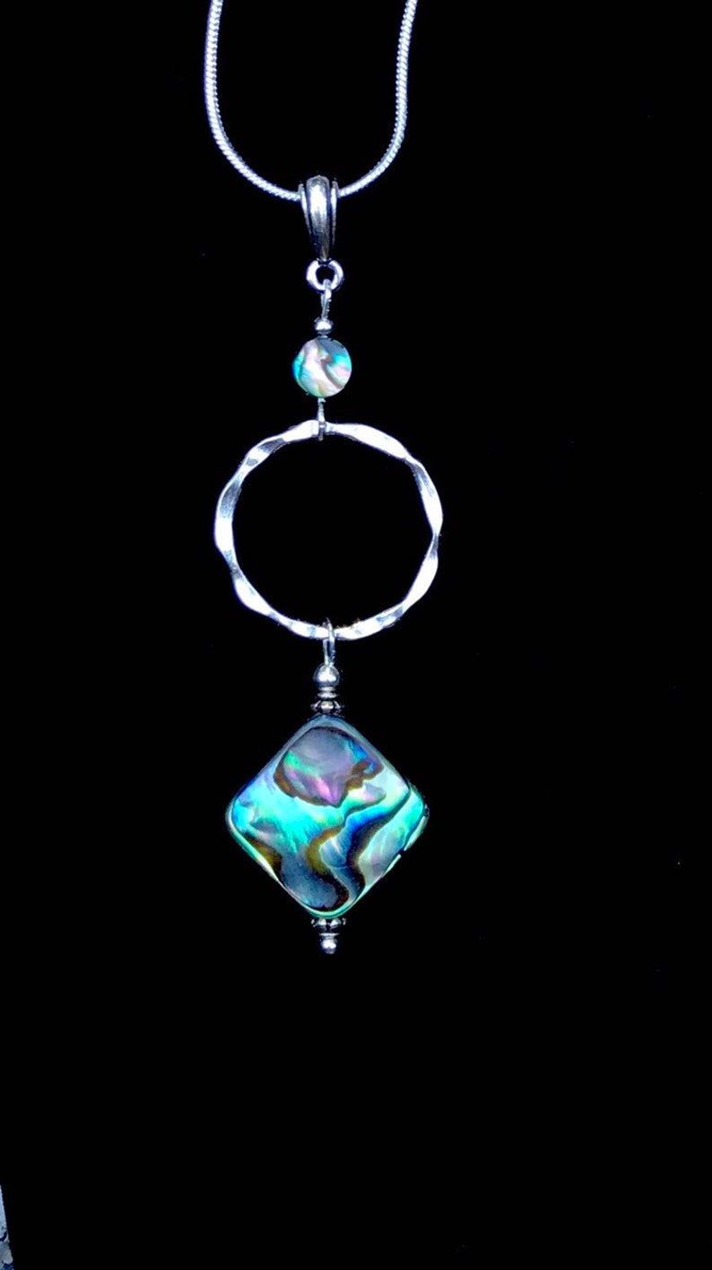 abalone shell pendant, abalone necklace, abalone jewelry, silver hoop necklace, abalone and silver, abalone shell necklace image 3