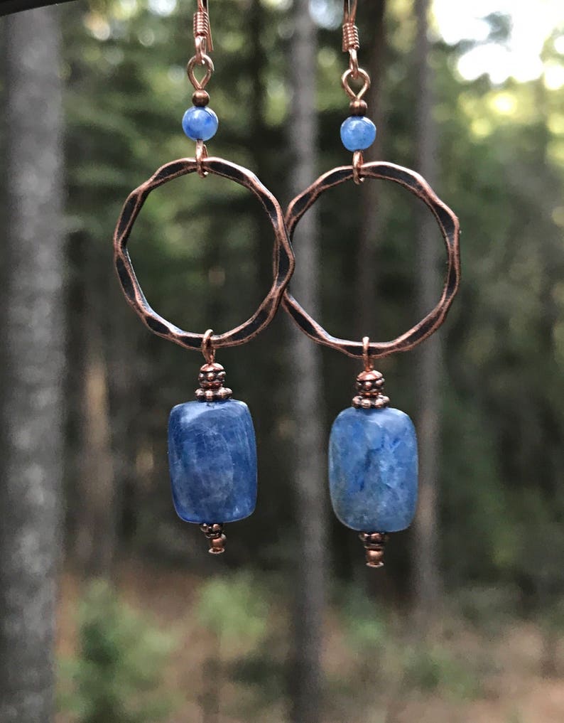 blue gemstone copper jewelry Copper hoop earrings kyanite earrings