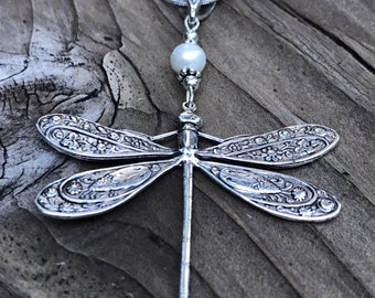 Large Silver Dragonfly Pendant: Freshwater Pearl Necklace