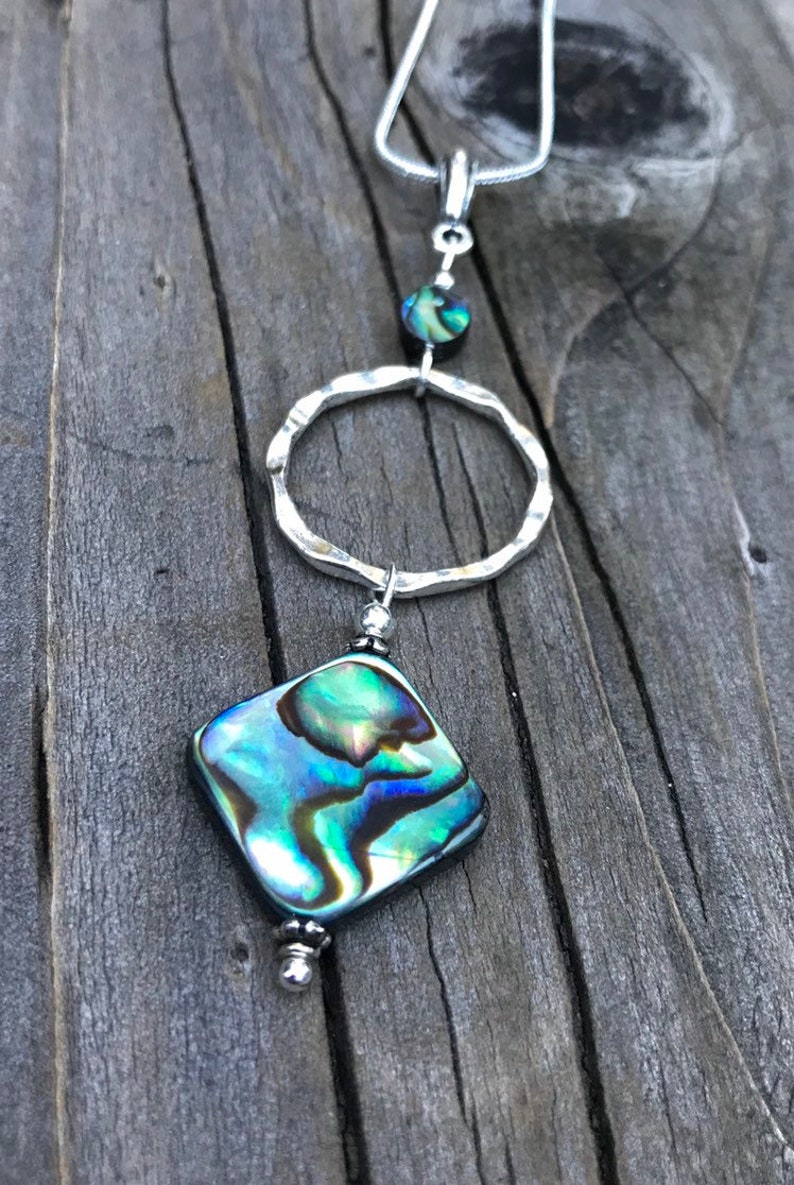 abalone shell pendant, abalone necklace, abalone jewelry, silver hoop necklace, abalone and silver, abalone shell necklace image 2