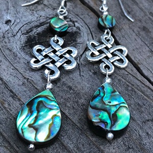 Abalone Celtic earrings, Long Celtic earrings, Celtic jewelry, abalone shell earrings, Celtic knot