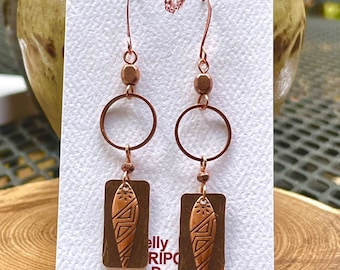 Rustic Copper Dangle Earrings, Hammered Copper Boho Earrings, Textured Copper Earrings, Boho Copper Jewelry, Unique Copper Jewelry