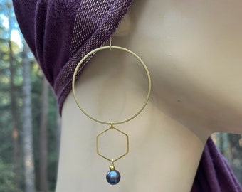 Brass gold hoop earrings, large hoop earrings, gold and pearl earrings, Boho dangle earrings, pearl