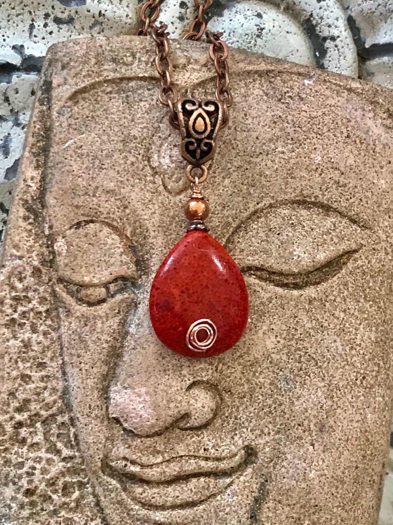Red Sponge Coral Pendant Wire Wrapped Jewelry Copper Etsy