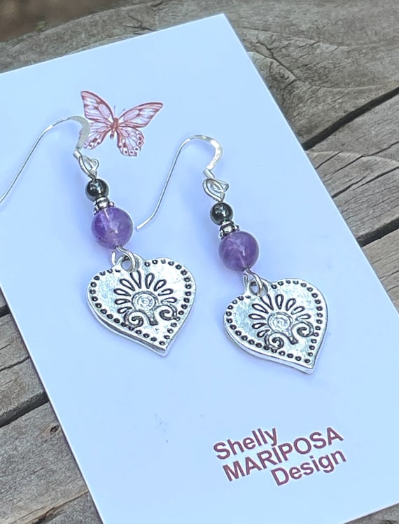 Silver Amethyst Heart Earrings: Boho Gemstone Dangle, valentine’s gift, friendship gift