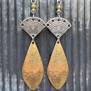 Art Deco Dangle Earrings: Hammered Brass & Sterling Silver