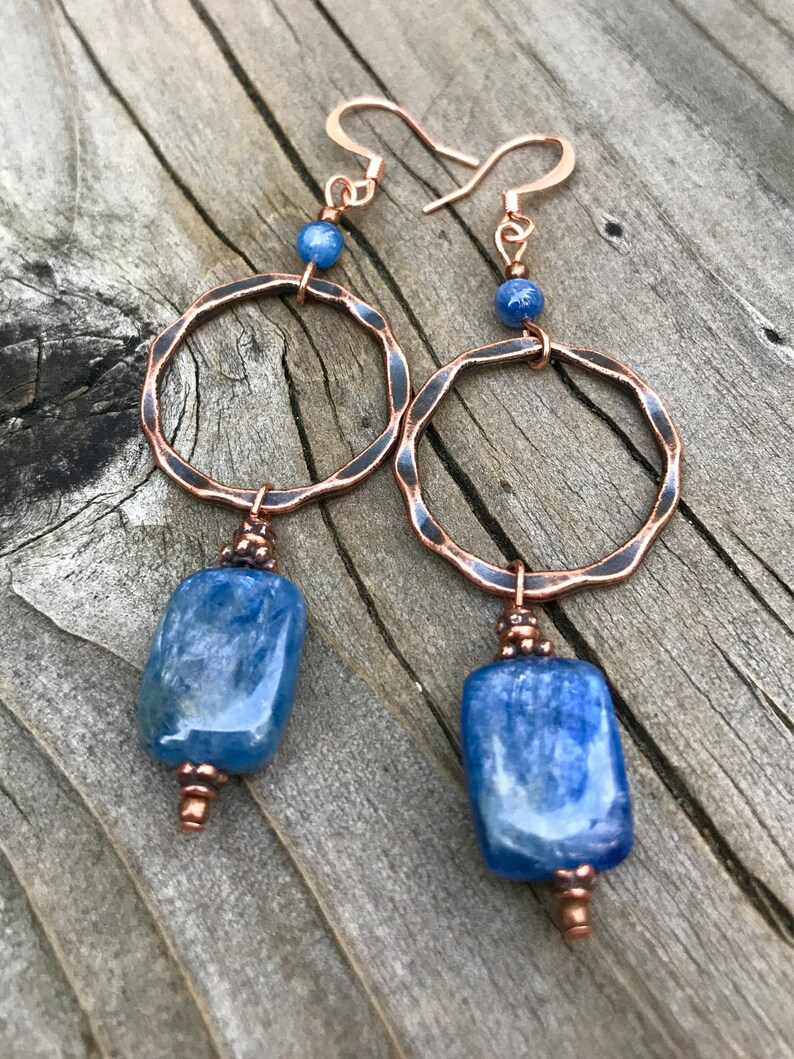 blue gemstone copper jewelry Copper hoop earrings kyanite earrings