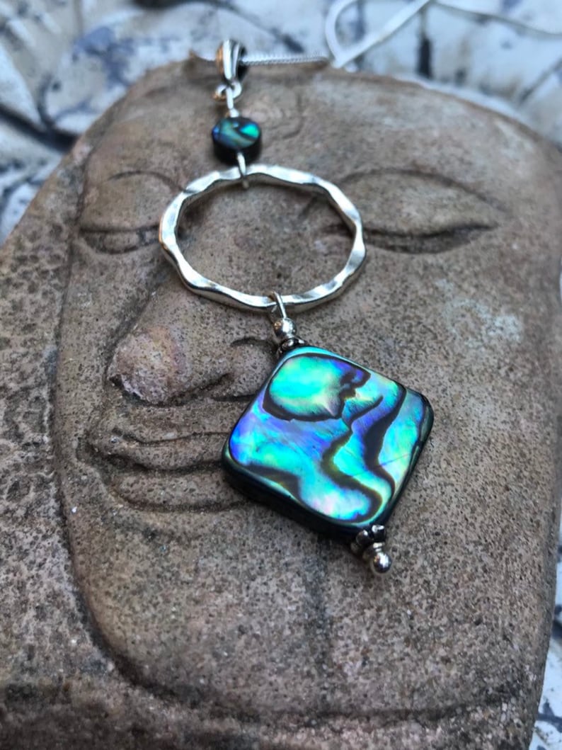 abalone shell pendant, abalone necklace, abalone jewelry, silver hoop necklace, abalone and silver, abalone shell necklace image 4