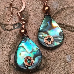 Abalone shell earrings for women, natural abalone shell earrings, abalone jewelry, wire wrapped copper earrings