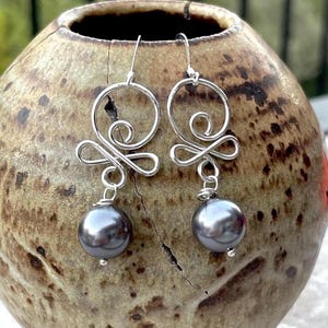 Wire Wrapped Sterling Silver Earrings: Gray Shell Pearl Dangle