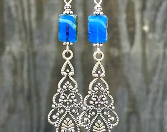 Long silver filigree earrings, silver Boho earrings, Boho chic, chandelier earrings, Crystal earrings, hippie jewelry, long dangle earrings