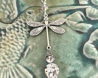 Silver dragonfly necklace, dragonfly pendant with crystals, Crystal dragonfly necklace, dragonfly pendant, dragonfly wedding