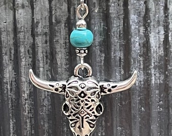 Cow Skull Pendant Necklace, Turquoise Howlite, Southwestern Cowgirl Jewelry