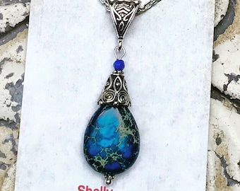Lapis and Sea Jasper Silver Pendant Necklace