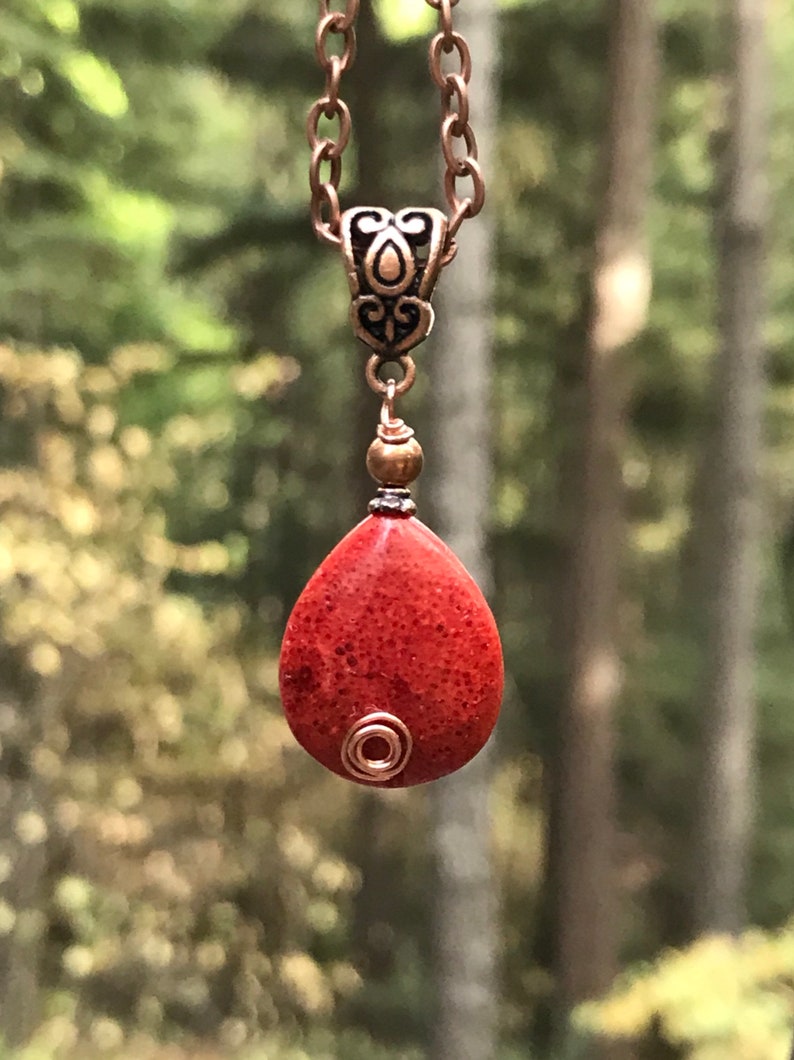Red Sponge Coral Pendant Wire Wrapped Jewelry Copper Etsy