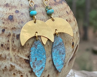 Vintage patina dangle earrings, hammered brass  earrings, half moon dangle earrings, hippie earrings, hand crafted patina earrings