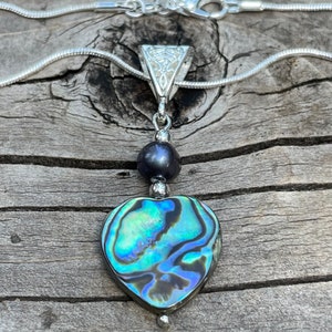 Abalone Heart Necklace: Freshwater Pearl Pendant, Sterling Silver Plated Chain
