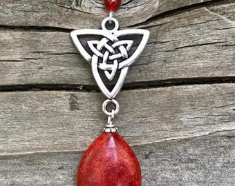 Silver Celtic Knot Pendant Necklace: Red Coral & Carnelian Gemstone