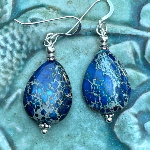 Blue jasper earrings, Blue gemstone earrings, gemstone jewelry, Boho earrings