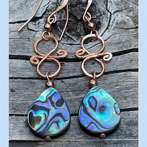 Wire Wrapped Abalone Shell Earrings, Arisan Abalone Jewelry, Handcrafted Abalone Earrings, Wire Wrapped Copper Earrings, Boho Shell Earrings