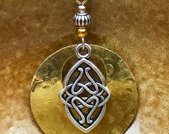 Hammered brass Celtic pendant necklace, Celtic jewelry. Celtic knot necklace, mixed metal, Celtic gifts