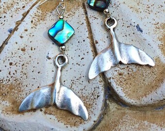 Abalone shell mermaid earrings, abalone jewelry, abalone earrings, silver whales tail, mermaid jewelry, beach jewelry, Boho earrings