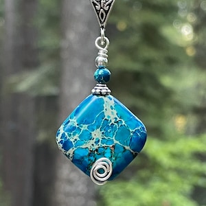Wire wrapped blue gemstone pendant, royal blue jasper necklace, wire wrapped jewelry, blue stone pendant necklace, wire wrapped gemstone