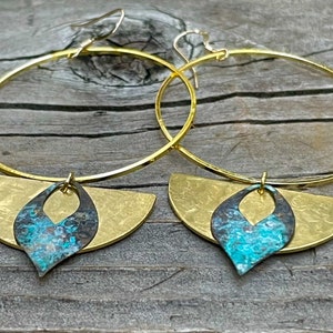 Gold hoop earrings, patina  earrings, Brass Gold Boho earrings, hippie earrings, bohemian earrings, hand made large Hoop Earrings